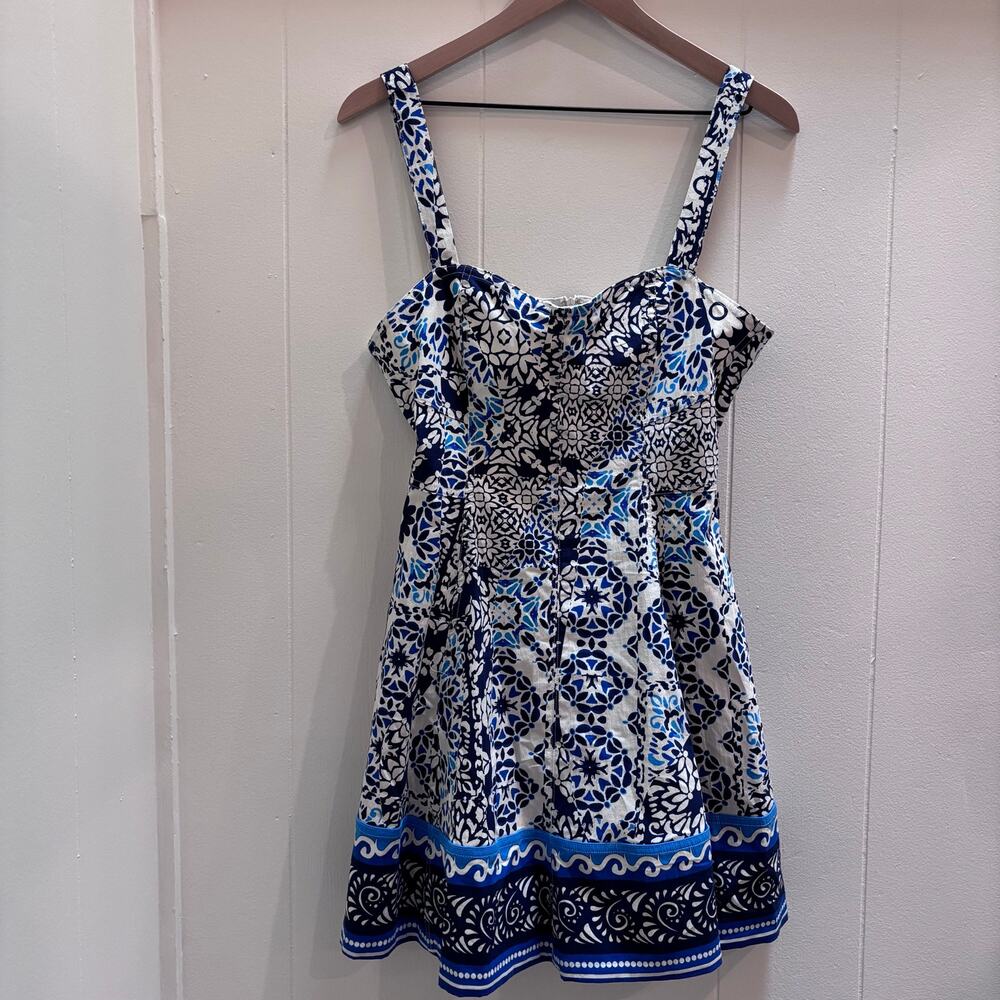 Avec Les Filles Blue and White Mosaic Tile Print Sundress - Size 10 - Picture 2 of 9